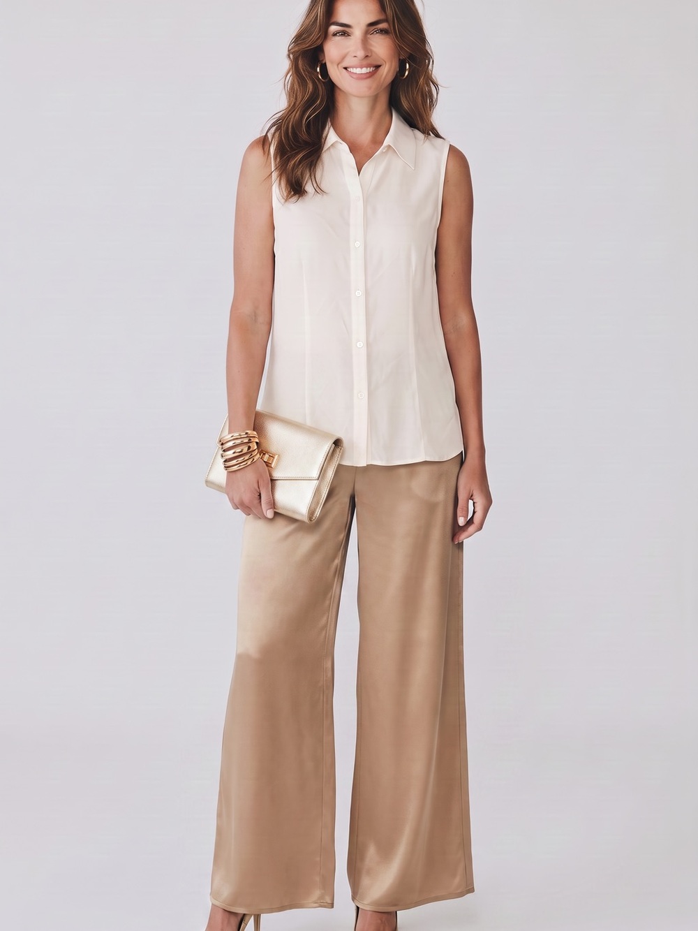 Casual Corner Sleeveless Button-Front Blouse in Ivory 100% silk